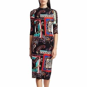 Alice + Olivia Delora Paisley Midi Sheath Dress Size 14 Colorful Jersey Stretch.